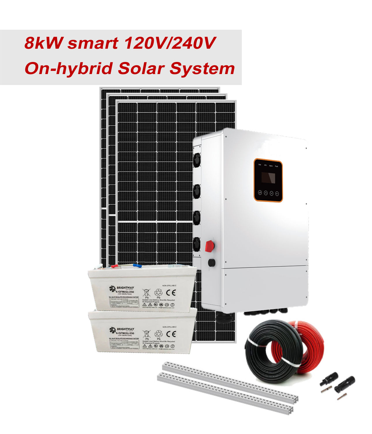 Solar em sistema híbrido para uso doméstico ou fazenda de 8kW de armazenamento de bateria de 24kWh 500W Painel solar